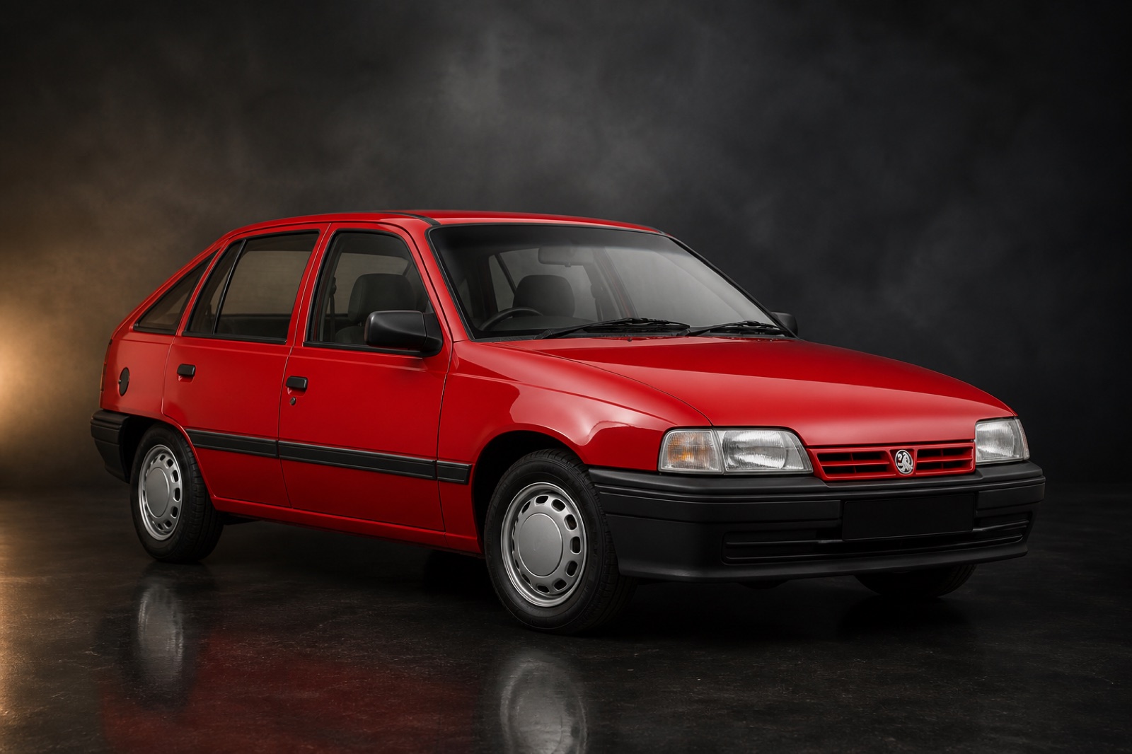 Red Vauxhall Astra 1.2L in a dark photographic studio