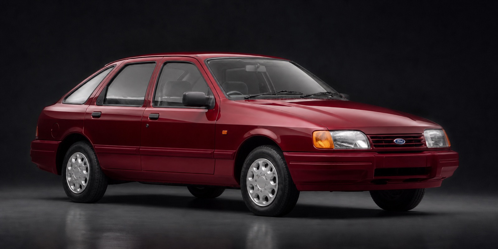 Burgundy (solid; body-colour bumpers and side trims) Ford Sierra 1.8GL in a dark photographic studio