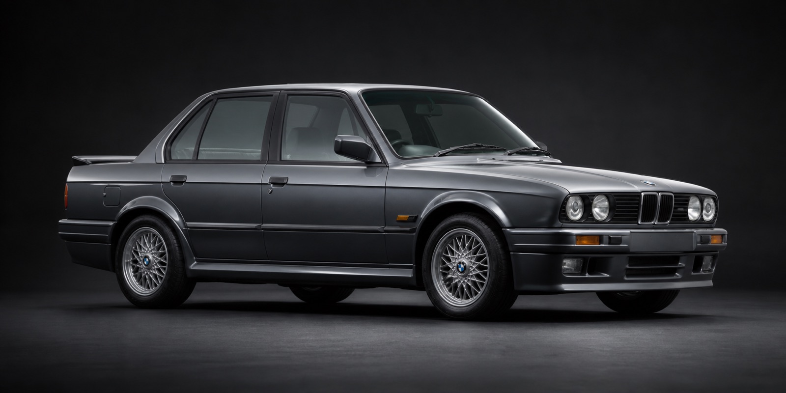Metallic Grey BMW 320i SE (E30) in a dark photographic studio